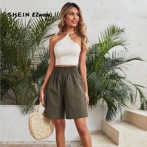 SHEIN Olive Drab High Waist Smocked Cotton Linen Bermuda Shorts M